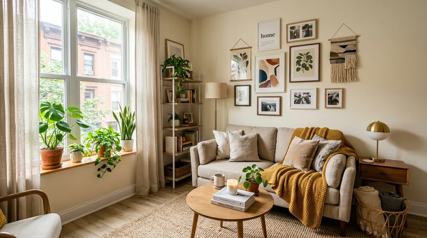 Small cozy apartment living room with compact sofa, wall art, and warm lighting